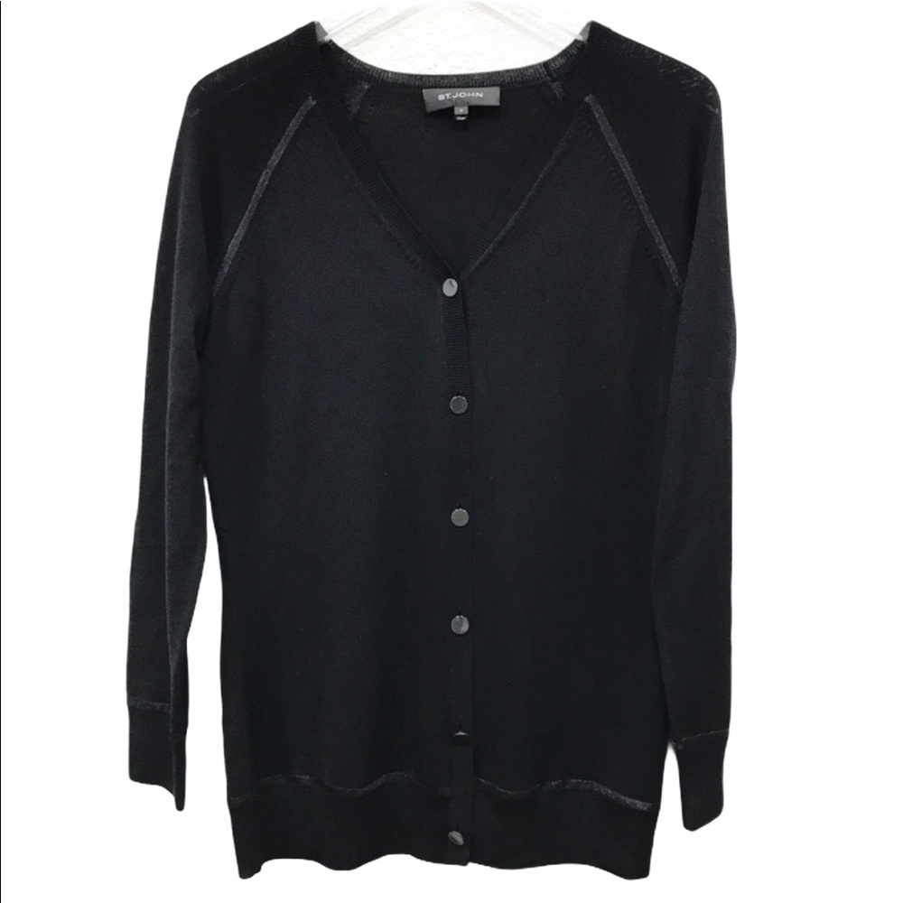 ST JOHN wool cardigan sweater black v-neck button down Size M Black Label luxury